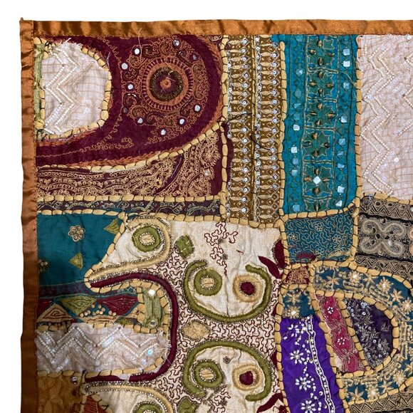 Old Handmade Indian Embroidery Tapestry Wall Hanging Crazy Quilt - Picture 7 of 8